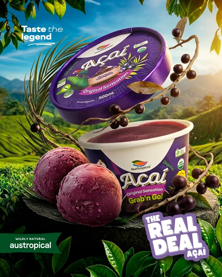 An Austropical Original Sensation Grab’n Go cup among açaí berries, captioned The real deal açaí